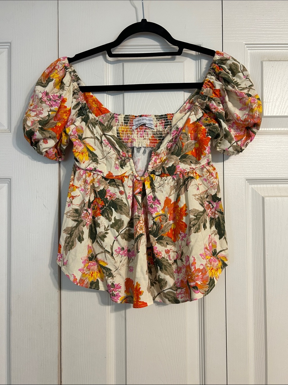 Urban Outfitters Cream Floral Puff-Sleeve Blouse Orange Pink X-Small Smocked